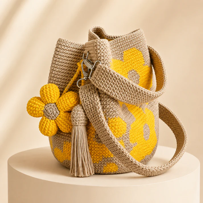 Handgeweven Bloemen Bucket Tas