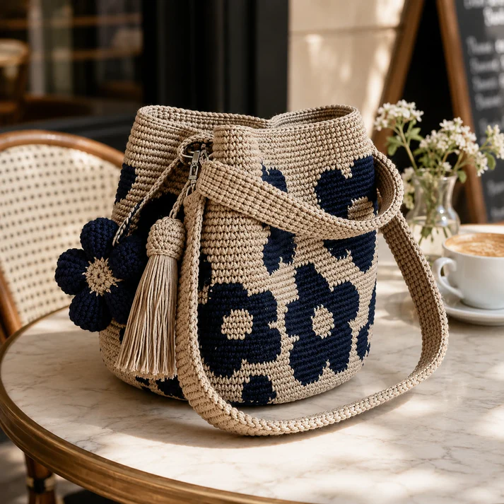 Handgeweven Bloemen Bucket Tas