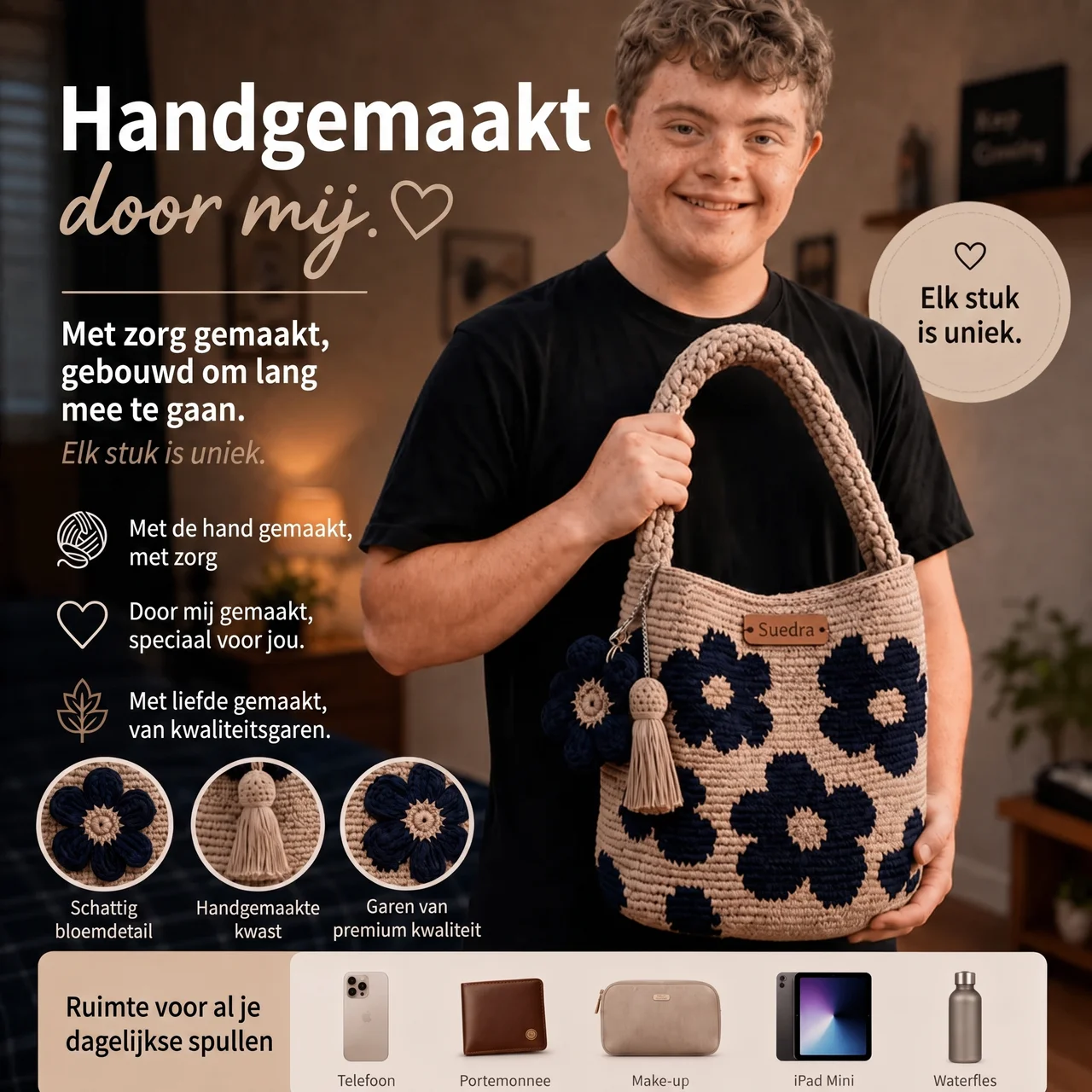 Handgeweven Bloemen Bucket Tas