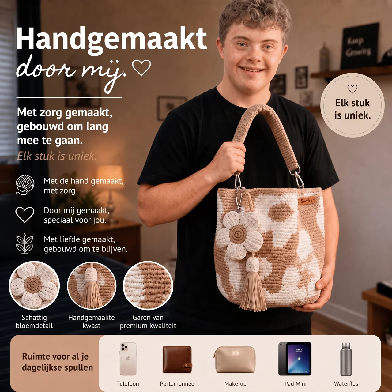 Handgeweven Bloemen Bucket Tas